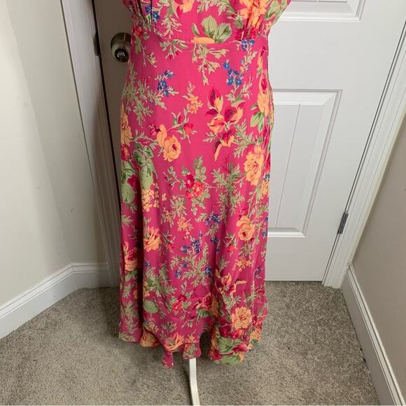 Vintage 90s pink floral drape lettuce hem midi dress size 12 - Picture 3 of 7